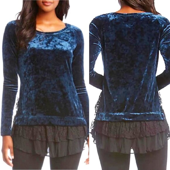New KAREN KANE Blue Crushed Velvet & Black Lace Layered Tunic Top SM MSRP $130 - Picture 1 of 6